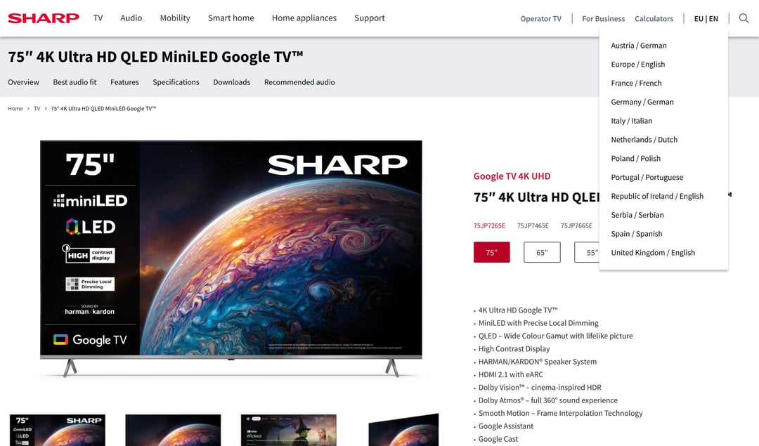 Prepínač regiónov Sharp s 12 európskymi trhmi